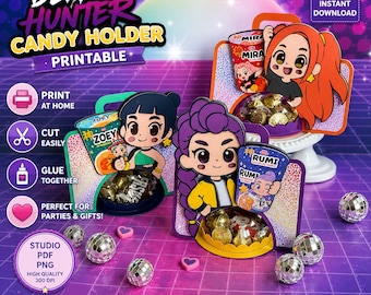 Kpop Demon Hunters Candy Holder Printable | Rumi Mira Zoey Party Favor Box | Huntrix Birthday Treat Holder PDF PNG Instant Download