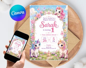 Unicorn Garden Birthday Invitation Editable Baby Unicorn 1st Birthday Girls Canva Template Magical Instant Download Printable