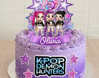 K-Pop-Dämonenjäger-Kuchenaufsatz, lila Stern-Geburtstagsdeko, personalisierter Name und Alter