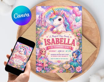 Unicorn Fairy Birthday Invitation Editable Magical Rainbow Girls Canva Template 6th Birthday Instant Download Printable