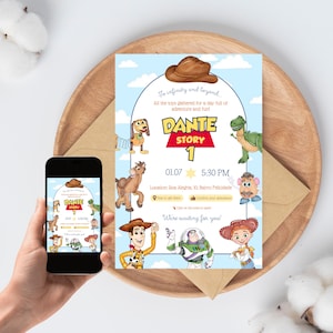 Pode incluir: Um convite digital com personagens de Toy Story, incluindo Woody, Buzz Lightyear, Jessie, Rex, Slinky Dog, Bullseye e Mr. Potato Head. O texto diz Dante Story 1, 01.07, 17:30, e Location: Rua Alegria, 10, Bairro Felicidade.