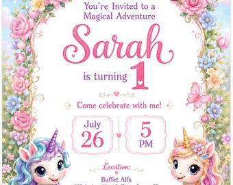Unicorn Garden Birthday Invitation Editable Baby Unicorn 1st Birthday Girls Canva Template Magical Instant Download Printable