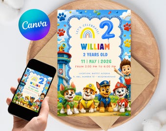 Paw Patrol Birthday Invitation Editable Boys 2nd Birthday Canva Template Instant Download Printable Party Invite