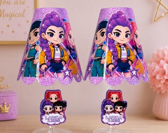 K-Pop-Party-Mittelstück „Demon Hunters“, Tischdekoration in Form von lila Haaren, personalisierte Geburtstags-Tüten-Dekoration