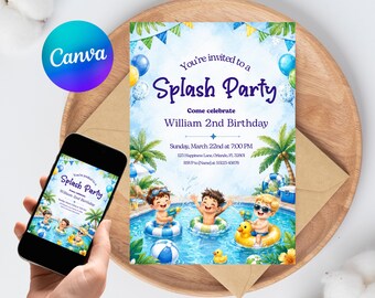 Boys Splash Party Invitation Editable Pool Party 2nd Birthday Canva Template Kids Instant Download Printable