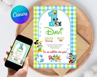Mickey Mouse Pool Party Invitation Editable 1st Birthday Boys Canva Template Instant Download Printable Summer