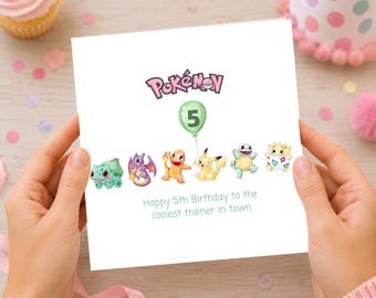 Pokemon Birthday Card, Personalized Pokemon Card, Any Age Card, Happy Birthday Son, Grandson, Nephew, Pikachu, Charmander, Trainer Card