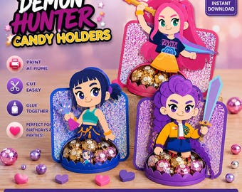 Kpop Demon Hunters Candy Holder Printable | Rumi Mira Zoey Party Favor Box | Huntrix Birthday Treat Holder PDF PNG Instant Download