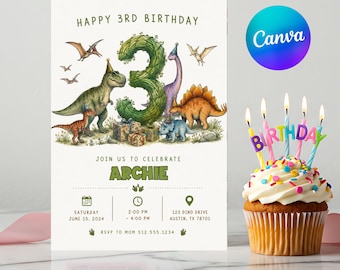 Dinosaur Birthday Invitation Template Dino 3rd Birthday Party Invite Boy Editable Canva Template Instant Download Printable Invite