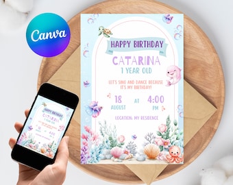 Under the Sea Birthday Invitation Editable Ocean 1st Birthday Girls Canva Template Instant Download Printable Party