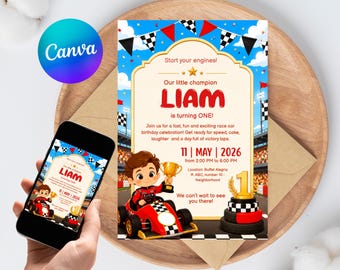 Race Car Birthday Invitation Editable Go Kart Boys 1st Birthday Canva Template Champion Instant Download Printable
