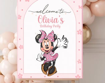 Minnie Mouse Welcome Sign Editable Pink Girls Birthday Party Canva Template Printable Poster Instant Download