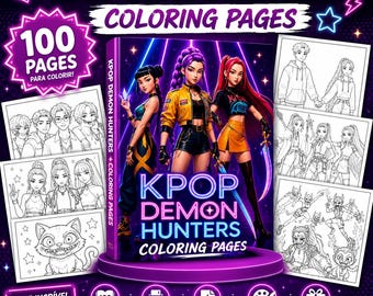 Kpop Demon Hunters Coloring Pages Printable | 100 Pages Huntrix Saja Boys | Mira Rumi Zoey Anime Coloring Book PDF Instant Download