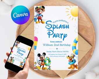 Mickey Mouse Friends Splash Party Invitation Editable Donald Pluto Pool Birthday Canva Template Boys Instant Download
