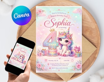 Unicorn 4th Birthday Invitation Editable | Baby Unicorn Cake Girls Canva Template | Magical Party Instant Download Printable