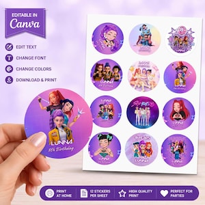 May include: A sheet of twelve circular stickers featuring cartoon characters and the text Lunna 8th Birthday. The stickers display various colorful illustrations of animated figures in purple and pink gradients, with editable text options.