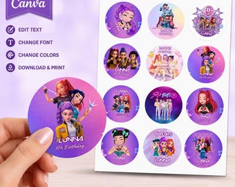 Kpop Demon Hunters Sticker Sheet Printable | Huntrix Saja Boys Birthday Stickers Editable Canva | Mira Rumi Zoey Party Favor Download