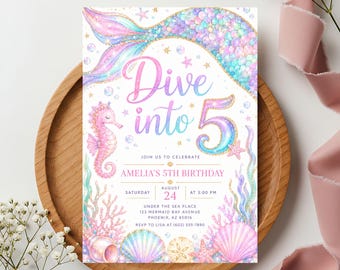 Mermaid 5th Birthday Invitation Editable Dive into 5 Girls Canva Template Under the Sea Instant Download Printable