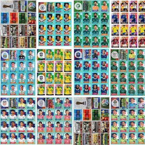 May include: A collection of FIFA World Cup 2026 trading cards arranged in grids, featuring individual player portraits, team logos, national flags, and tournament branding with various colour schemes including green, blue, and white borders.