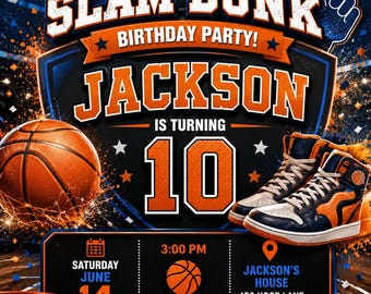 Slam Dunk Basketball Birthday Invitation Editable Boys 10th Birthday Sports Canva Template Instant Download Printable