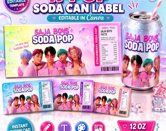 Kpop Demon Hunters Soda Can Label Printable | Saja Boys Birthday Soda Label | Mini Can Wrap Editable Canva Instant Download Party Favor