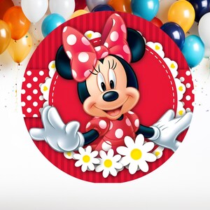 May include: A circular graphic featuring Minnie Mouse with a large red and white polka dot bow, wearing a matching red and white polka dot dress. The character is centered on a red striped background with white scalloped edges and white daisies.