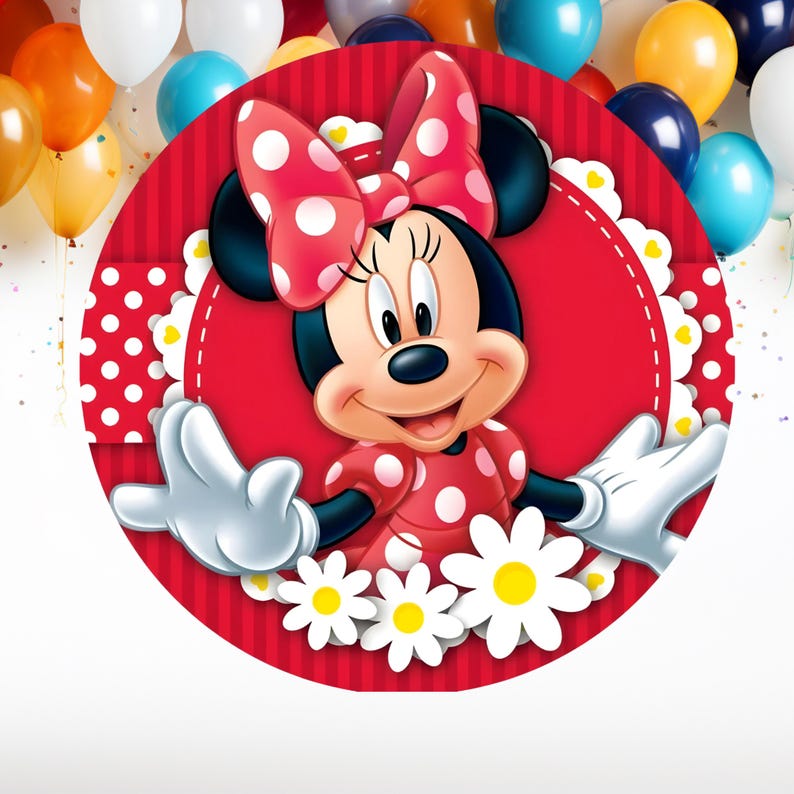 May include: A circular graphic featuring Minnie Mouse with a large red and white polka dot bow, wearing a matching red and white polka dot dress. The character is centered on a red striped background with white scalloped edges and white daisies.