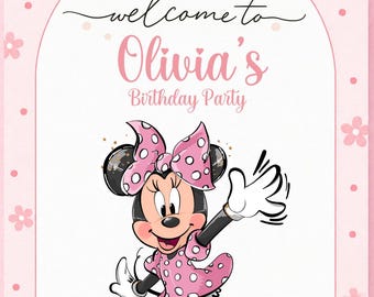 Minnie Mouse Welcome Sign Editable Pink Girls Birthday Party Canva Template Printable Poster Instant Download