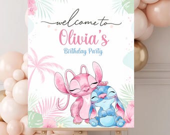 Stitch Angel Welcome Sign Editable | Birthday Party Printable Poster Canva Template Girls | Instant Download Digital