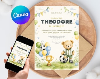 Teddy Bear Soccer Birthday Invitation Editable | Boys 1st Birthday Football Canva Template | Instant Download Printable