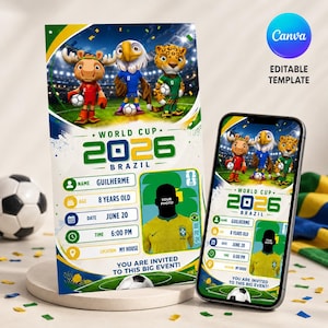 2026 World Cup Birthday Invitation Template | Editable Canva Soccer Party Invite | Brazil Football Birthday Digital Download