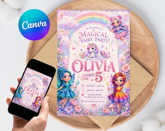 Magical Fairy Party Invitation Editable Unicorn Rainbow Girls Canva Template 5th Birthday Instant Download Printable