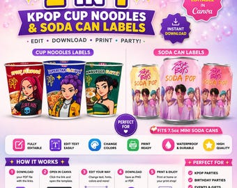 K-Pop-Dämonenjäger-Etiketten für Tassen-Nudeln, Getränkedosen-Verpackungen, bearbeitbare Canva-Party-Druckvorlage