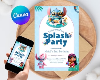 Stitch Angel Pool Party Invitation Editable Lilo Stitch Splash Birthday Canva Template 2nd Birthday Instant Download