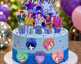 K-Pop-Boygroup-Kuchenaufsatz, lila Stern-Geburtstagsdeko, personalisierte Namensschilder
