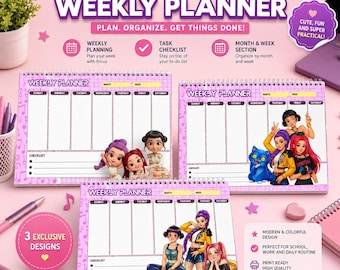 KPop Demon Hunters Wochenplaner, 3-in-1 Checkliste zum Ausdrucken, süßer lila-pinker Organizer