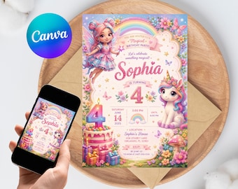 Fairy Unicorn Birthday Invitation Editable Rainbow Cake Girls Canva Template 4th Birthday Magical Instant Download Printable