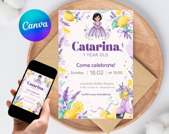 Lavender Lemon Birthday Invitation Editable Purple Floral Girls Canva Template 1st Birthday Instant Download Printable