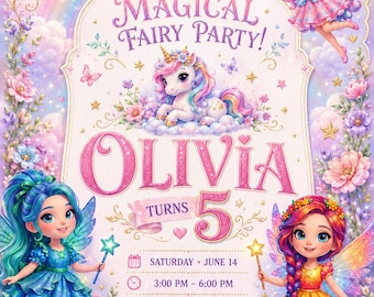 Magical Fairy Party Invitation Editable Unicorn Rainbow Girls Canva Template 5th Birthday Instant Download Printable