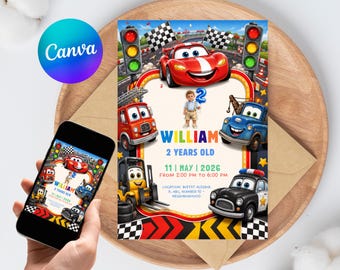 Cars Birthday Invitation Editable Lightning McQueen Boys 2nd Birthday Canva Template Photo Instant Download Printable