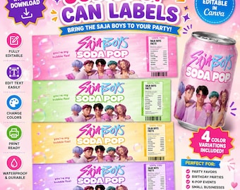 Kpop Demon Hunters Soda Can Label Printable | Saja Boys Birthday Soda Label | Mini Can Wrap Editable Canva Instant Download Party Favor