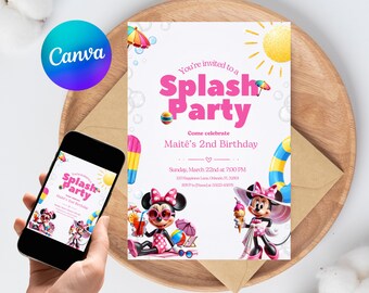 Minnie Mouse Splash Party Invitation Editable Girls Pool Birthday Canva Template 3D Style Instant Download Printable