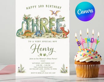 Dinosaur 3rd Birthday Invitation Template Watercolor Dino Party Boy Invite Editable Canva Template Instant Download Printable Invite