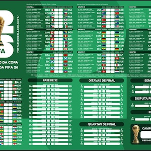 Pode incluir: Um cartaz verde do calendário da Copa do Mundo da FIFA 26 com o troféu do torneio, listas de jogos da fase de grupos com bandeiras nacionais e um quadro para as fases eliminatórias, incluindo a fase de 32, oitavas de final e a final.