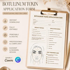 Pode incluir: Um modelo imprimível de formulário de aplicação de toxina botulínica em uma prancheta. O documento inclui seções para detalhes do paciente, informações do produto, áreas de aplicação com um diagrama facial e instruções de cuidados pós-tratamento.