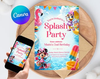 Minnie Mouse Splash Party Invitation Editable Daisy Duck Pool Birthday Canva Template Girls Instant Download