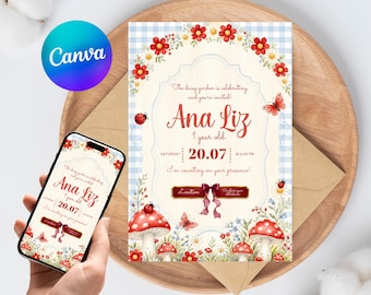 Ladybug Garden Birthday Invitation Editable Mushroom Daisy 1st Birthday Girls Canva Template Instant Download