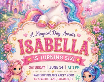 Unicorn Fairy Birthday Invitation Editable Magical Rainbow Girls Canva Template 6th Birthday Instant Download Printable