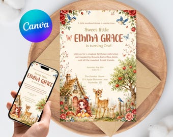 Woodland Fairy Birthday Invitation Editable Enchanted Garden 1st Birthday Girls Canva Template Instant Download