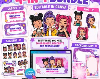 Chibi Girls 4 in 1 Digital Bundle Editable Labels Stickers PNG Backgrounds Canva Template Instant Download Printable Digital Kit